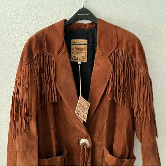 NWT VTG Leather Frontier Collection Western Boho Fringe Concho Brown 80’s Coat L - Picture 4 of 16
